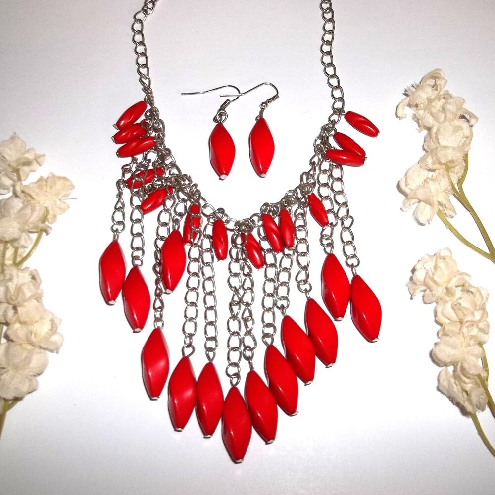 Jewelry Set Long Necklace and Earring Beaded Bright Red Boho Style Woman A662